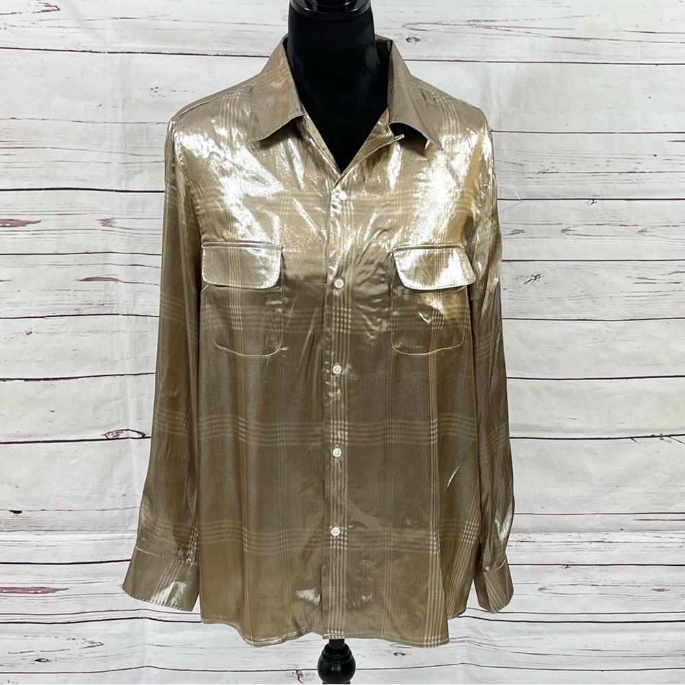 Ralph Lauren Purple Label Shirt Womens Size 10 Taupe‎ Sequin Plaid Silk Blend
